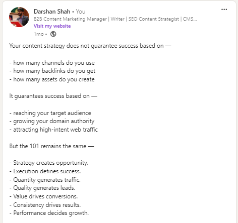 My LinkedIn Post on Content Strategy marketing 101 guide factors results performance analytics kpi metrics data